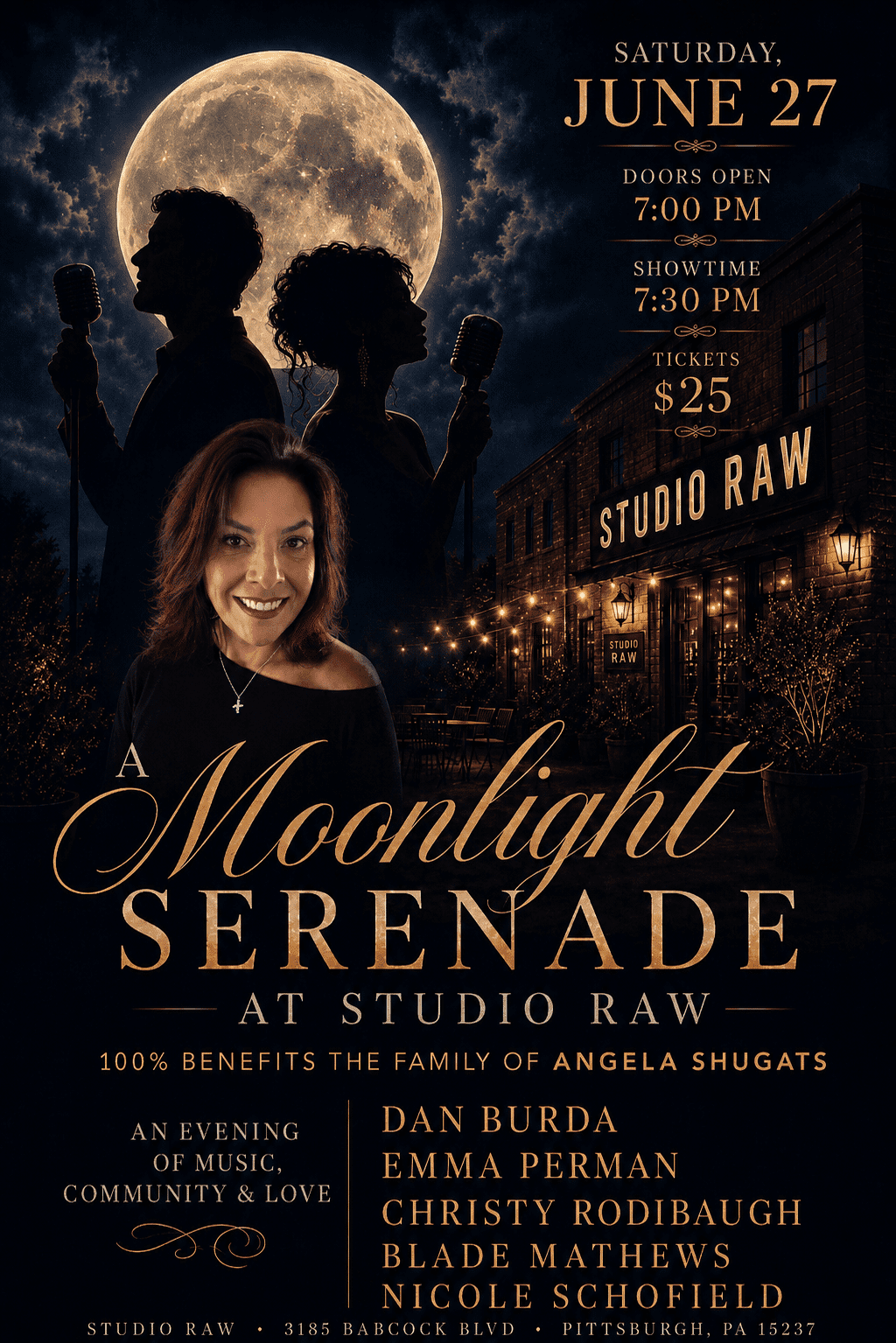 A Moonlight Serenade event poster with artist lineup and event details for June 27 at Studio Raw.