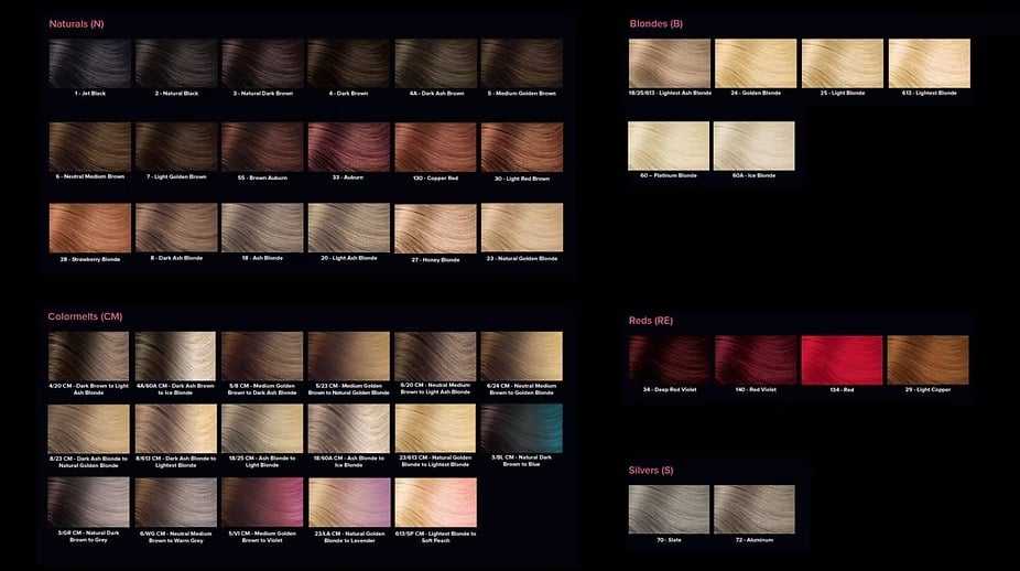 Chart displaying various hair color samples in naturals, blondes, colormelts, reds, and silvers.