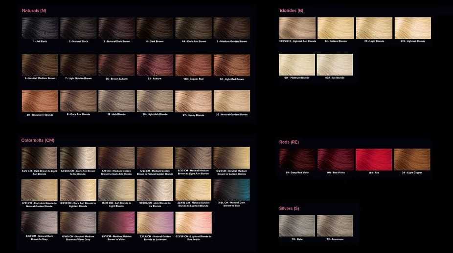 Chart displaying various hair color samples in naturals, blondes, colormelts, reds, and silvers.